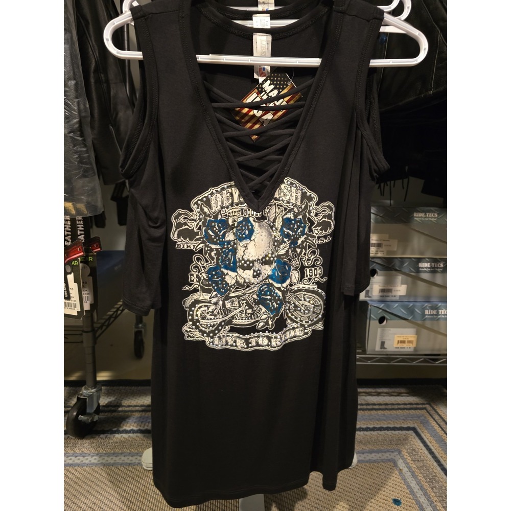 Liberty Wear Women's Embellished Cold Shoulder 3/4 Sleeve Motorcycle Shirt L